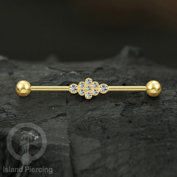 Anting Industrial Piercing stainless pilihan warna Gold dengan Kristal Zirconia