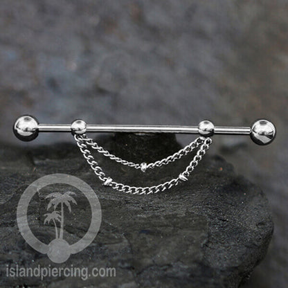 Anting Industrial Piercing stainless  warna Silver dengan Kristal Zirconia atau Rantai