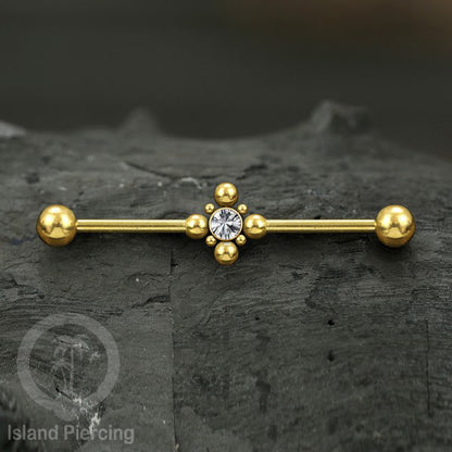 Anting Industrial Piercing stainless warna gold dengan Kristal banyak variasi model