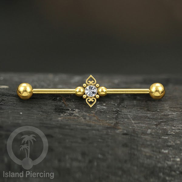 Anting Industrial Piercing stainless warna gold dengan Kristal banyak variasi model