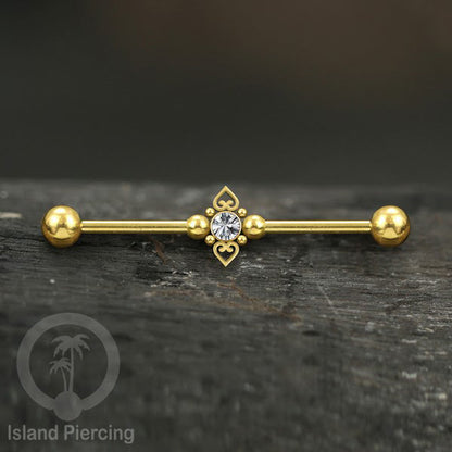 Anting Industrial Piercing stainless warna gold dengan Kristal banyak variasi model