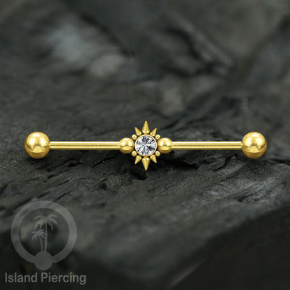 Anting Industrial Piercing stainless warna gold dengan Kristal banyak variasi model