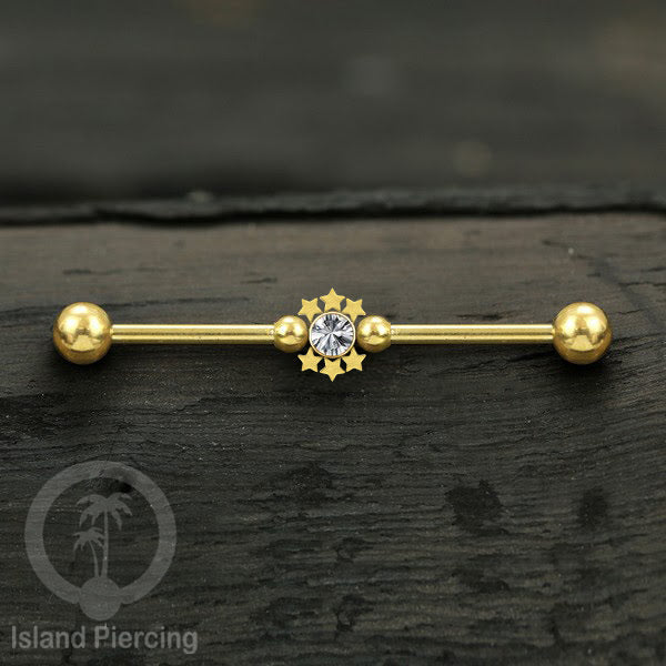 Anting Industrial Piercing stainless warna gold dengan Kristal banyak variasi model