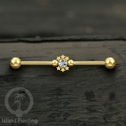 Anting Industrial Piercing stainless warna gold dengan Kristal banyak variasi model
