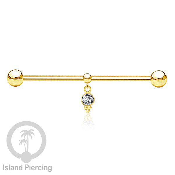 Anting Industrial Piercing stainless warna gold dengan Kristal Charm