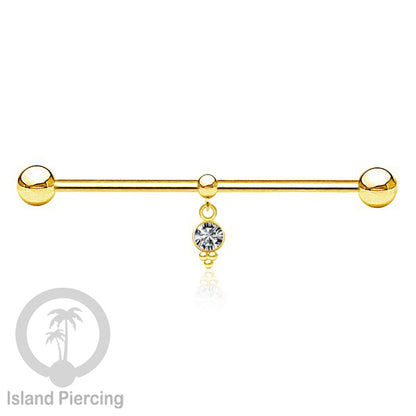 Anting Industrial Piercing stainless warna gold dengan Kristal Charm