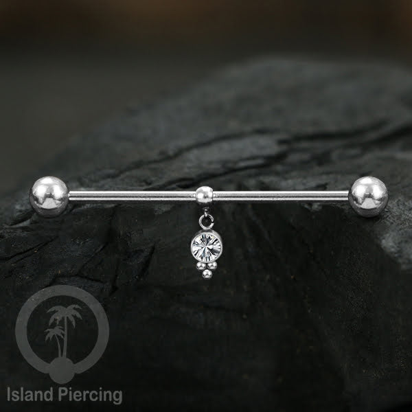 Anting Industrial Piercing stainless warna silver dengan Kristal Charm