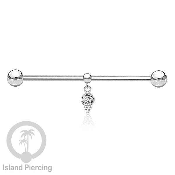 Anting Industrial Piercing stainless warna silver dengan Kristal Charm