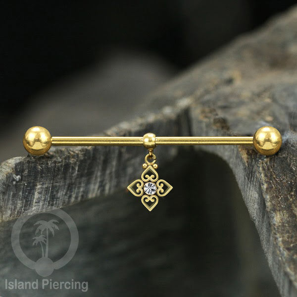 Anting Industrial Piercing stainless warna gold dengan Kristal Charm