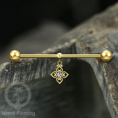 Anting Industrial Piercing stainless warna gold dengan Kristal Charm