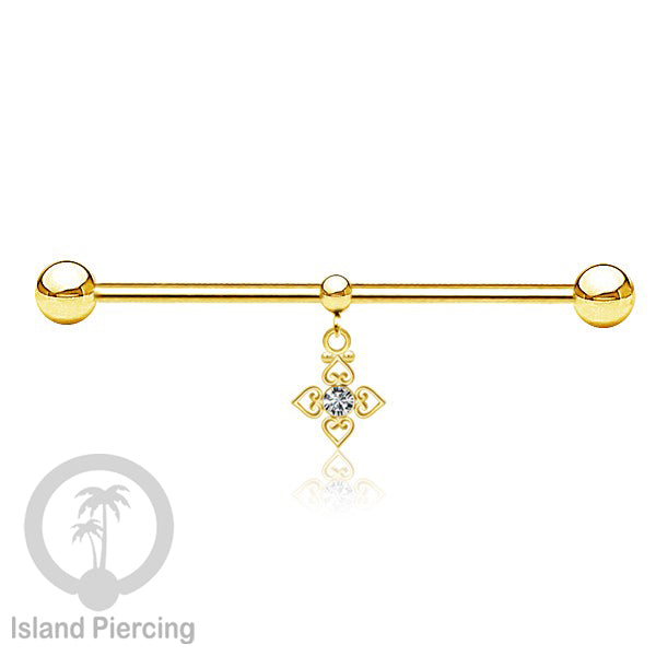 Anting Industrial Piercing stainless warna gold dengan Kristal Charm