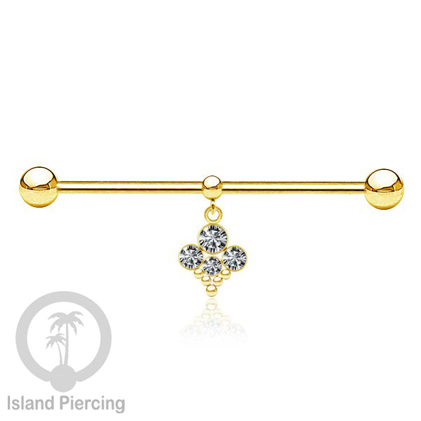 Anting Industrial Piercing stainless warna gold dengan Kristal Charm