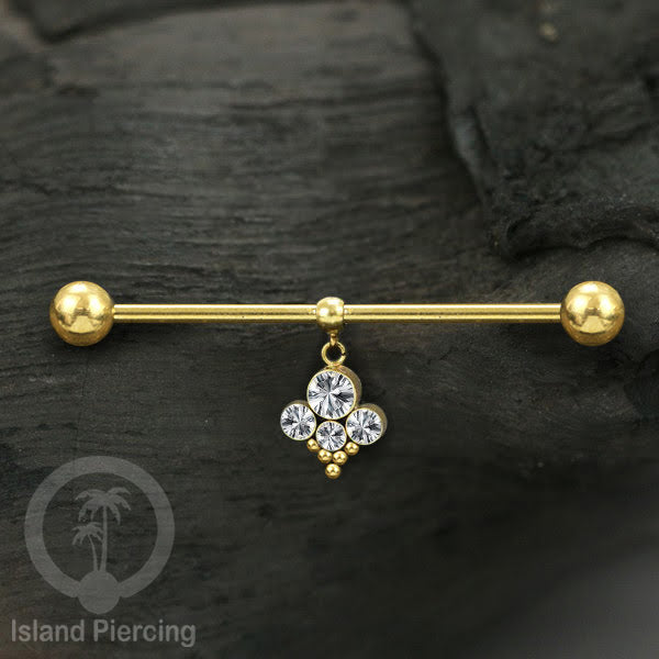 Anting Industrial Piercing stainless warna gold dengan Kristal Charm