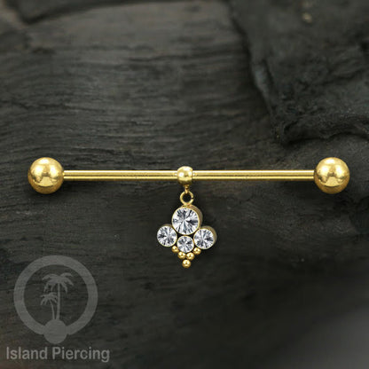 Anting Industrial Piercing stainless warna gold dengan Kristal Charm