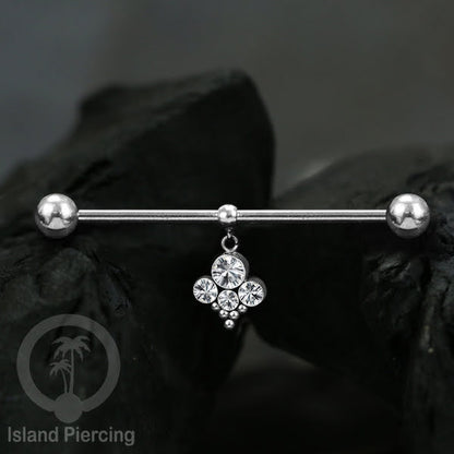 Anting Industrial Piercing stainless warna silver dengan Kristal Charm