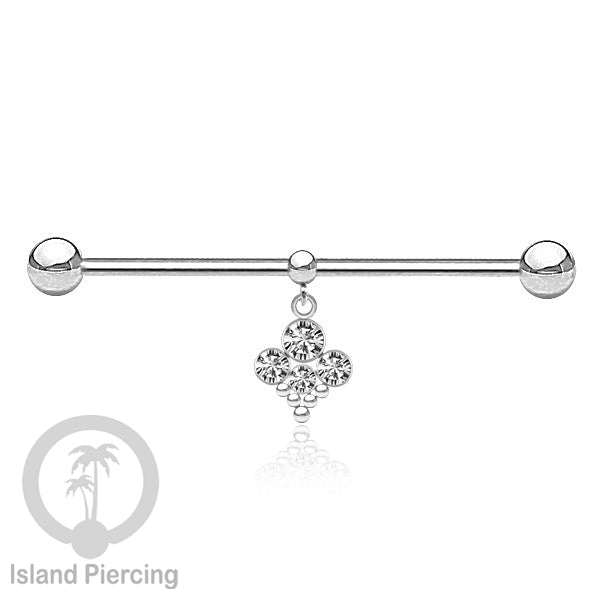 Anting Industrial Piercing stainless warna silver dengan Kristal Charm