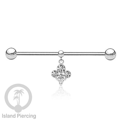 Anting Industrial Piercing stainless warna silver dengan Kristal Charm