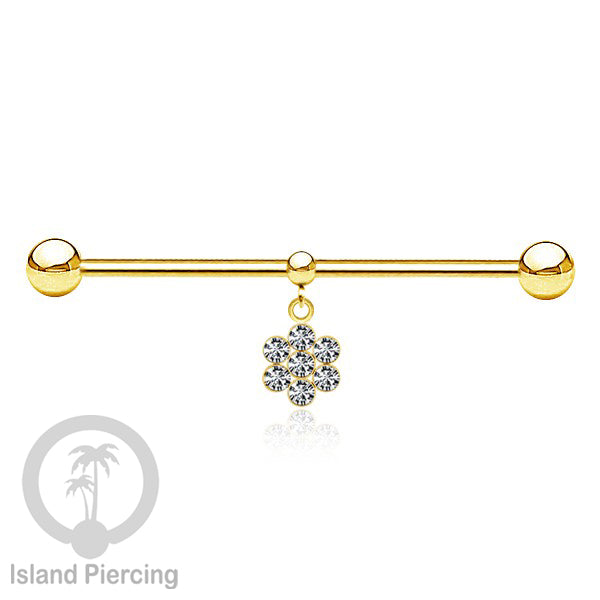 Anting Industrial Piercing stainless warna gold dengan Kristal Charm