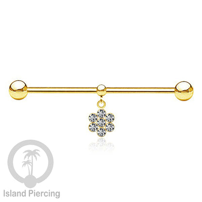 Anting Industrial Piercing stainless warna gold dengan Kristal Charm