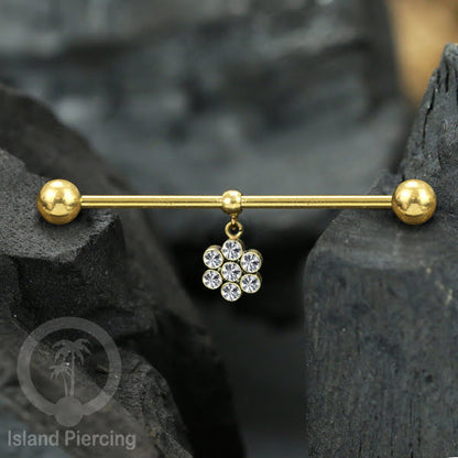Anting Industrial Piercing stainless warna gold dengan Kristal Charm