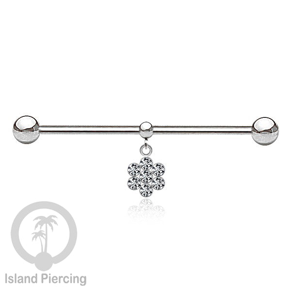 Anting Industrial Piercing stainless warna silver dengan Kristal Charm