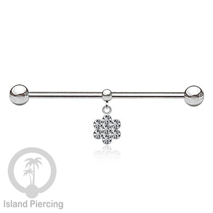 Anting Industrial Piercing stainless warna silver dengan Kristal Charm
