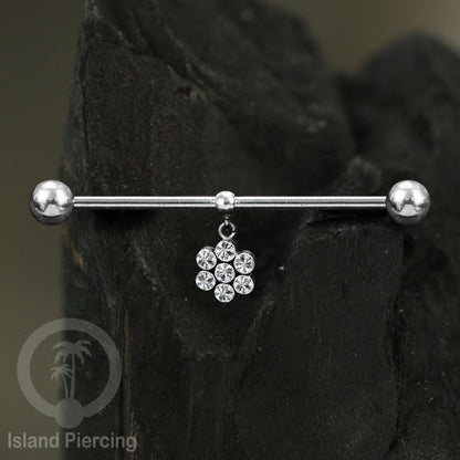 Anting Industrial Piercing stainless warna silver dengan Kristal Charm