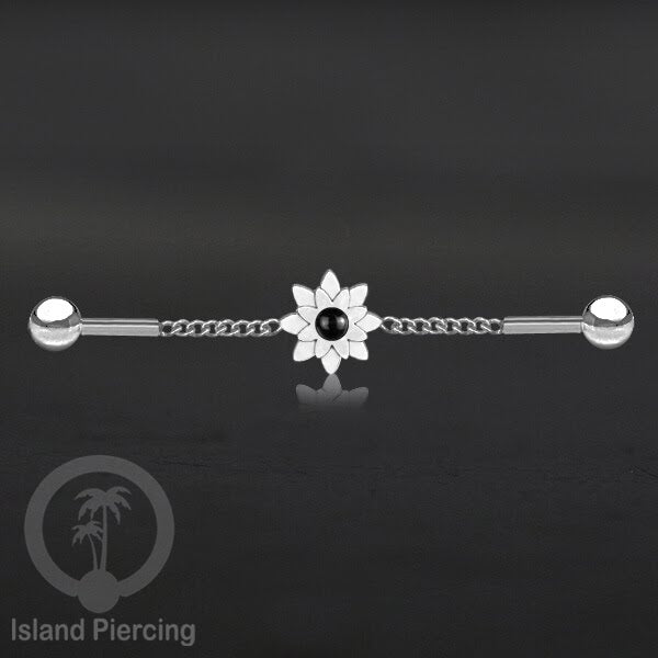 Anting Industrial Piercing Stainless rantai warna silver desain bunga dengan warna epoxy