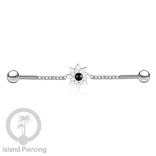 Anting Industrial Piercing Stainless rantai warna silver desain bunga dengan warna epoxy