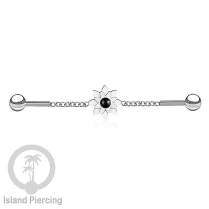 Anting Industrial Piercing Stainless rantai warna silver desain bunga dengan warna epoxy