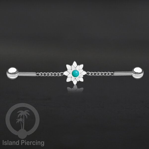 Anting Industrial Piercing Stainless rantai warna silver desain bunga dengan warna epoxy