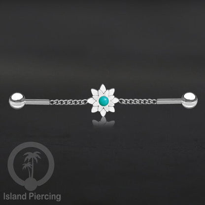 Anting Industrial Piercing Stainless rantai warna silver desain bunga dengan warna epoxy