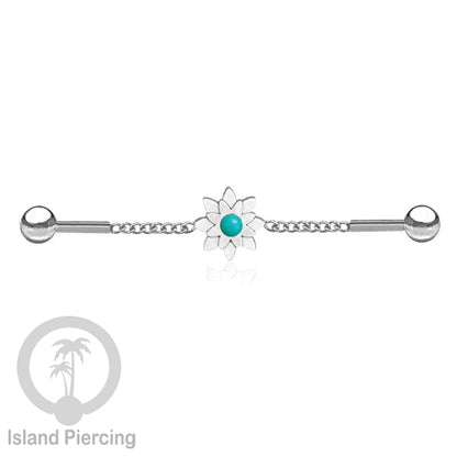 Anting Industrial Piercing Stainless rantai warna silver desain bunga dengan warna epoxy