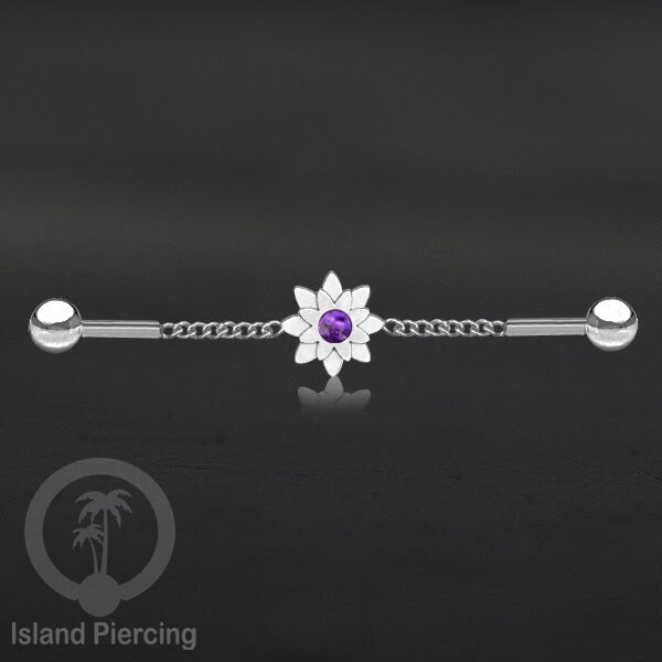 Anting Industrial Piercing Stainless rantai warna silver desain bunga dengan warna epoxy