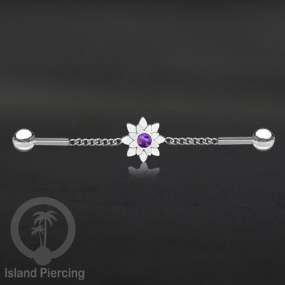 Anting Industrial Piercing Stainless rantai warna silver desain bunga dengan warna epoxy