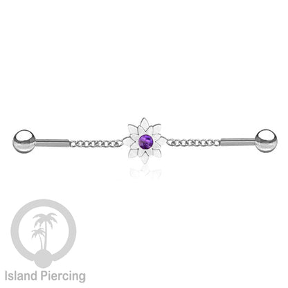 Anting Industrial Piercing Stainless rantai warna silver desain bunga dengan warna epoxy