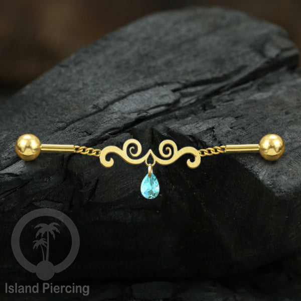 Anting Industrial Piercing Stainless rantai warna gold dengan kristal banyak pilihan warna