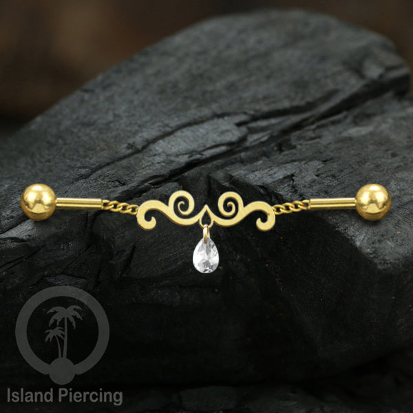 Anting Industrial Piercing Stainless rantai warna gold dengan kristal banyak pilihan warna