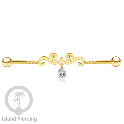 Anting Industrial Piercing Stainless rantai warna gold dengan kristal banyak pilihan warna