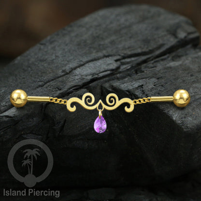 Anting Industrial Piercing Stainless rantai warna gold dengan kristal banyak pilihan warna
