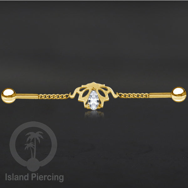 Anting Industrial Piercing Stainless rantai warna gold dengan kristal banyak pilihan warna