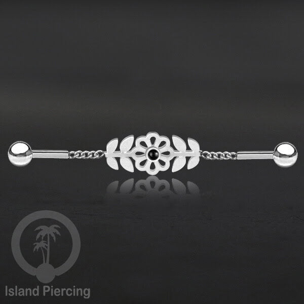 Anting Industrial Piercing Stainless rantai warna silver desain bunga dengan daun dan warna epoxy