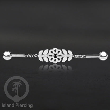 Anting Industrial Piercing Stainless rantai warna silver desain bunga dengan daun dan warna epoxy