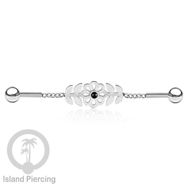 Anting Industrial Piercing Stainless rantai warna silver desain bunga dengan daun dan warna epoxy
