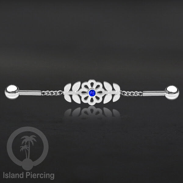 Anting Industrial Piercing Stainless rantai warna silver desain bunga dengan daun dan warna epoxy