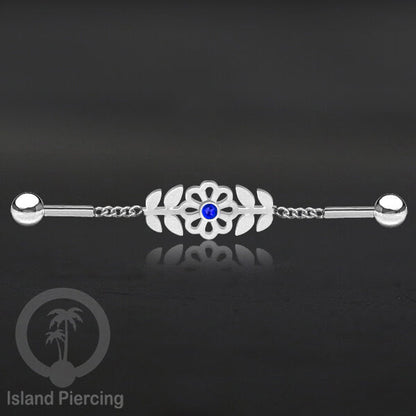 Anting Industrial Piercing Stainless rantai warna silver desain bunga dengan daun dan warna epoxy