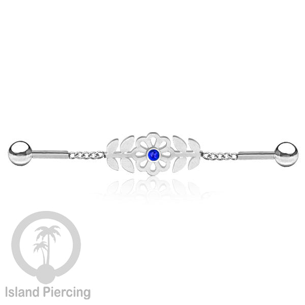 Anting Industrial Piercing Stainless rantai warna silver desain bunga dengan daun dan warna epoxy