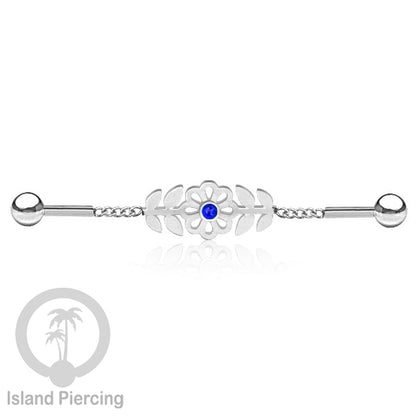 Anting Industrial Piercing Stainless rantai warna silver desain bunga dengan daun dan warna epoxy