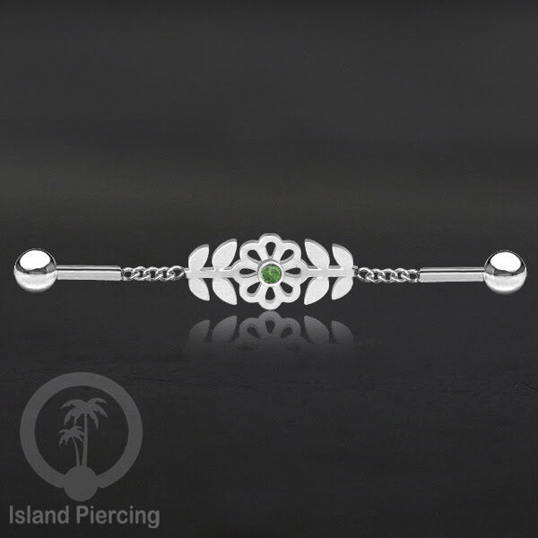 Anting Industrial Piercing Stainless rantai warna silver desain bunga dengan daun dan warna epoxy