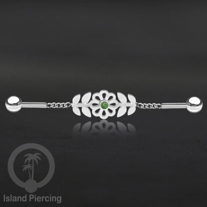 Anting Industrial Piercing Stainless rantai warna silver desain bunga dengan daun dan warna epoxy